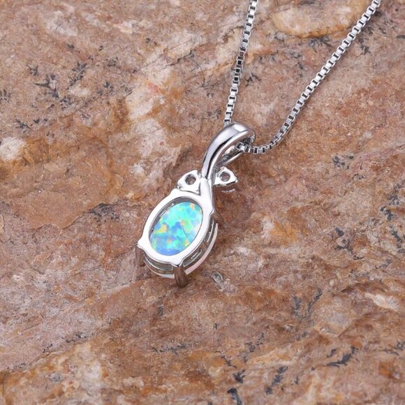 NEW 14k White Gold Blue Fire Opal Necklace Opal Pendant Necklace - Picture 3 of 6